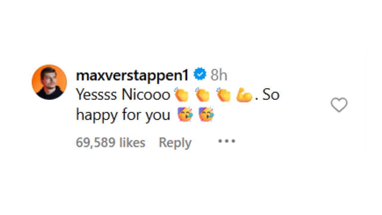 Snapshot of Max Verstappen's comment on Nico Hulkenberg's post...Credits-Instagram
